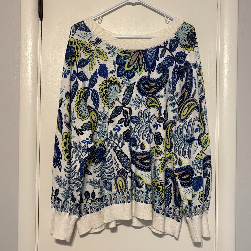 Talbots Women's Plus L/S Zestful Floral Paisley Crewneck Sweater 2X Blue/Green